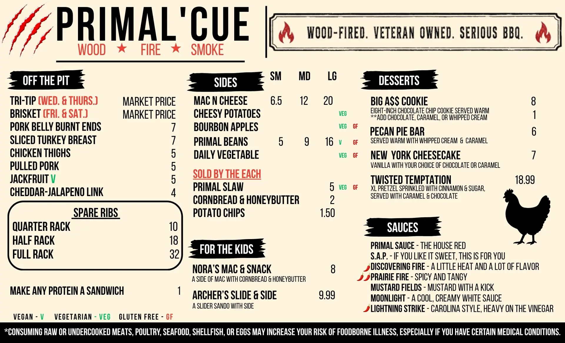 Primal'Cue wood-fired BBQ restaurant menu listing smoked meats, sides, kids' meals, desserts, and house-made sauces, with pricing.