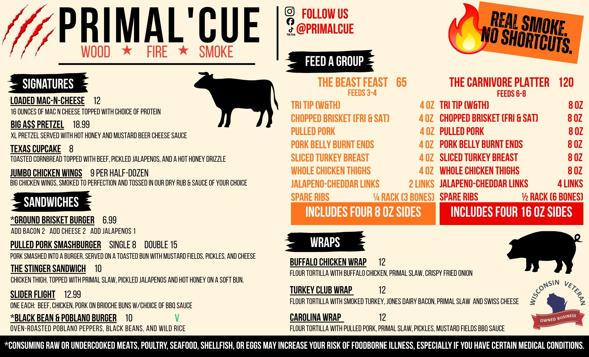 Primal'Cue BBQ menu page showing signature dishes, sandwiches, group feast platters, and wraps, with pricing and a Wisconsin Veteran Owned Business badge.