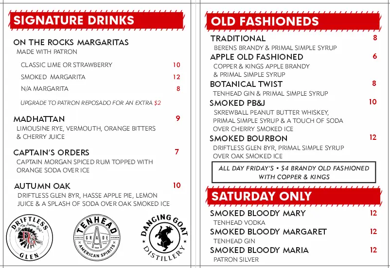 Primal'Cue signature cocktail menu featuring margaritas, old fashioneds, and specialty drinks with prices, including Friday and Saturday specials.