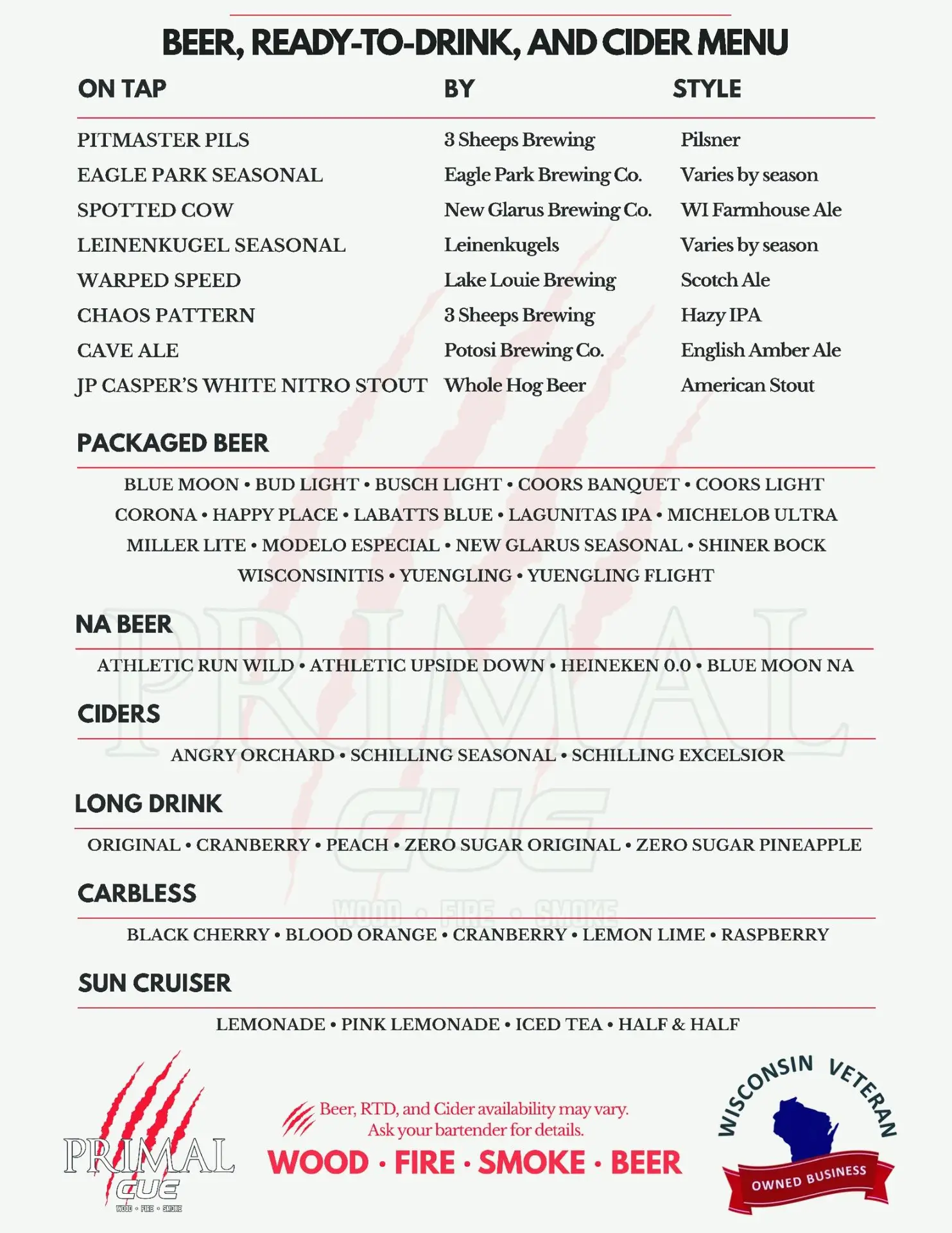 Primal Cue beer, ready-to-drink, and cider menu listing draft beers with brewery and style, packaged beer, non-alcoholic beer, ciders, and canned cocktails.