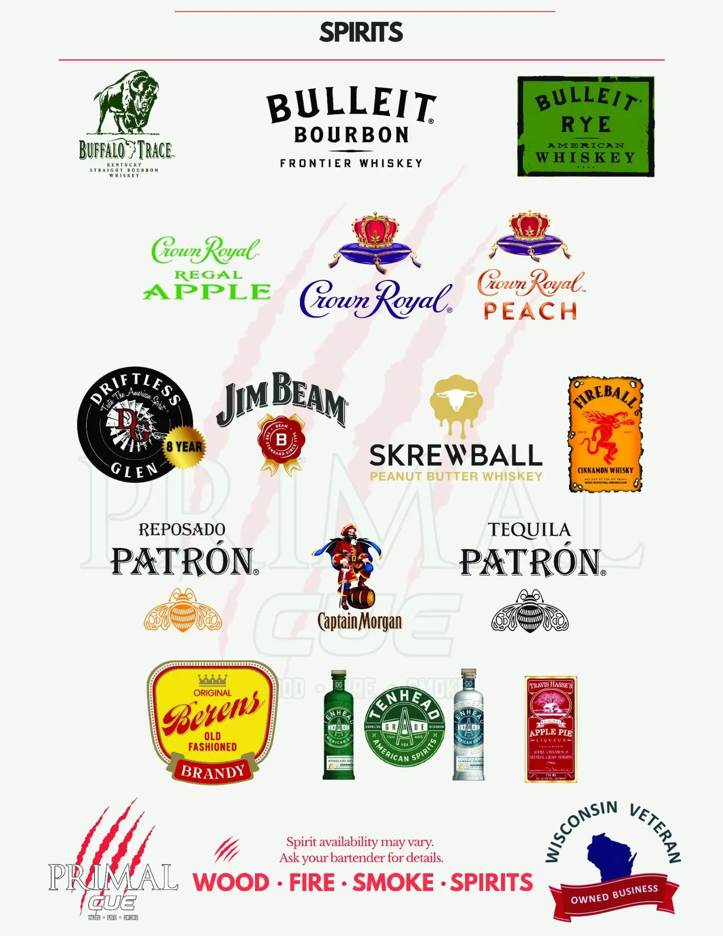 Primal Cue spirits menu displayed as brand logos, including whiskey, bourbon, tequila, vodka, gin, rum, brandy, and liqueur options.