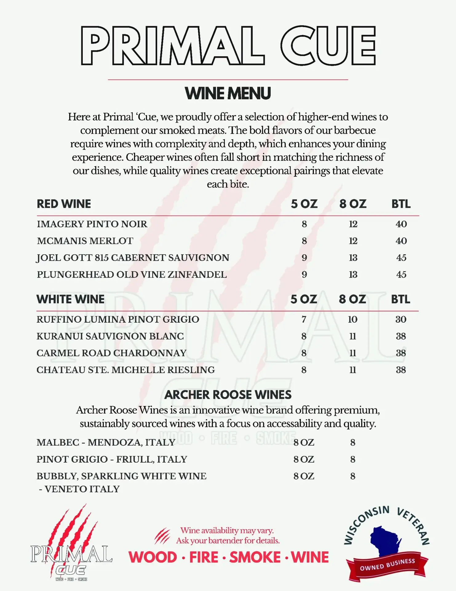 Primal Cue wine menu listing red, white, and Archer Roose wines by the glass and bottle, paired with the restaurant's wood-fired BBQ.